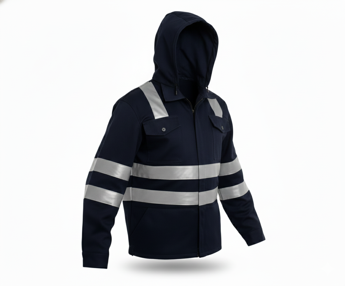 CASACA AZUL MARINO CON CINTA REFLECTIVA DE SEGURIDAD – TRABAJO INDUSTRIAL TALLA L PEQUEÑO - 1