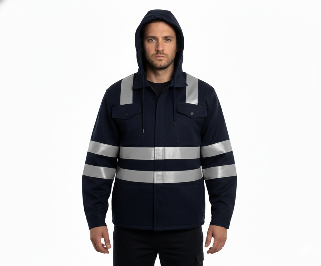 CASACA AZUL MARINO CON CINTA REFLECTIVA DE SEGURIDAD – TRABAJO INDUSTRIAL TALLA L PEQUEÑO - 5