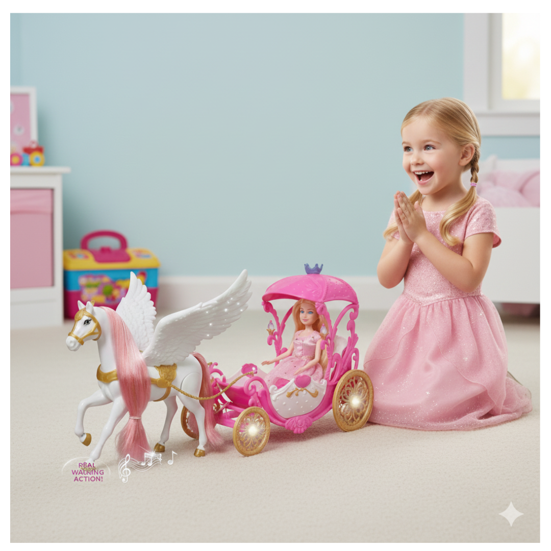 BARBIE PEGASO CON CARRUAJE MUSICAL A BATERÍA PARA NIÑAS PRINCESAS - 3