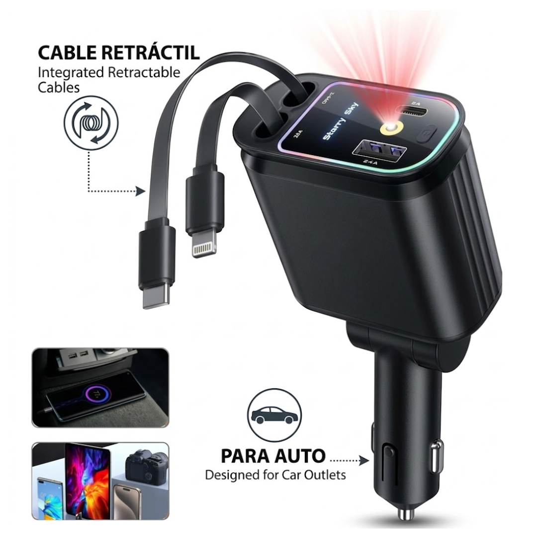 CARGADOR PARA CARROS AUTOMOVIL 4 EN 1 CABLE RETRÁCTIL SÚPER RÁPIDO USB C PROYECTA LUZ STARRY SKY  AL CARGAR - 1