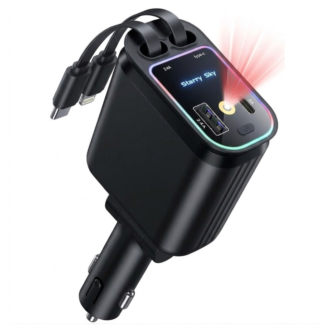 CARGADOR PARA CARROS AUTOMOVIL 4 EN 1 CABLE RETRÁCTIL SÚPER RÁPIDO USB C PROYECTA LUZ STARRY SKY  AL CARGAR - 3