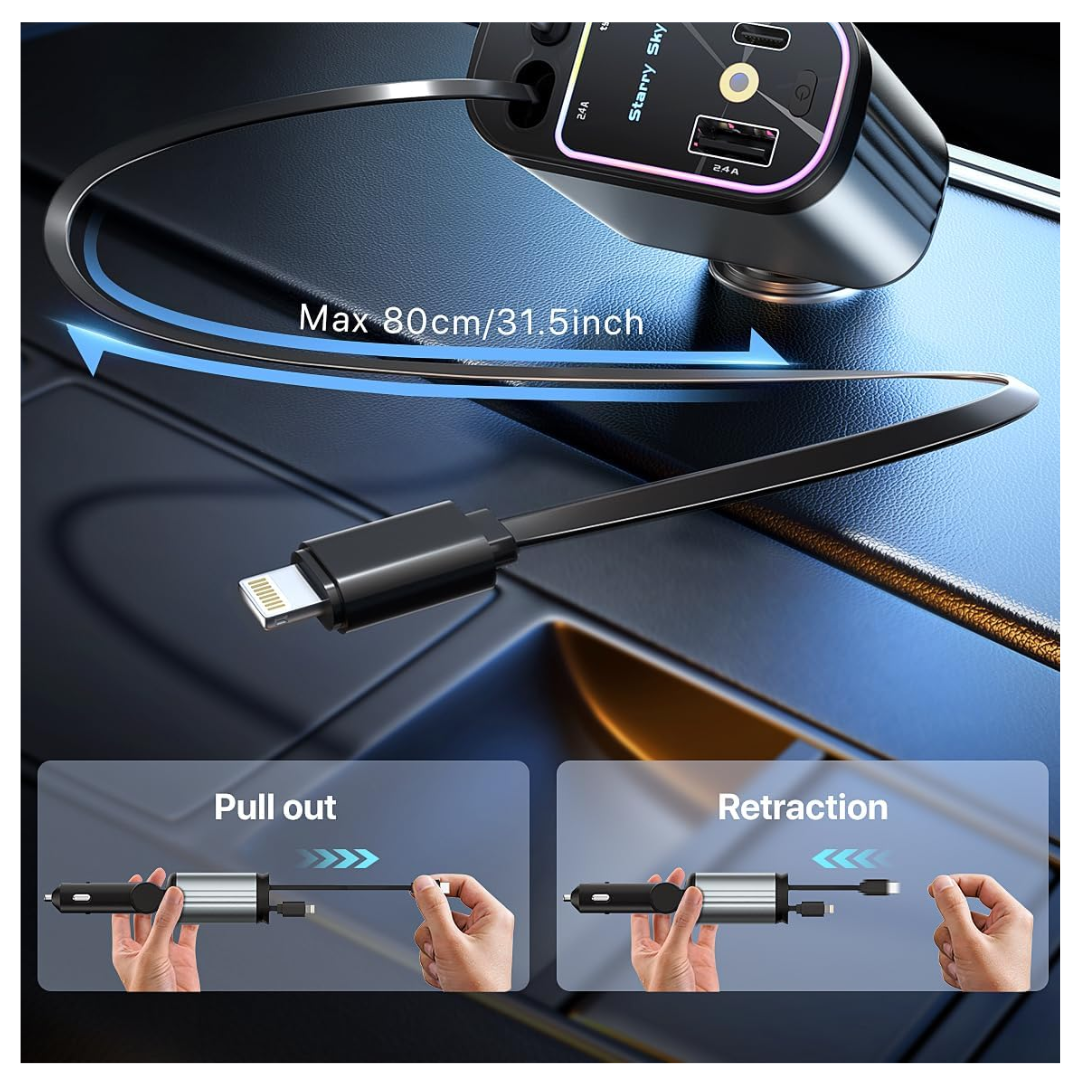 CARGADOR PARA CARROS AUTOMOVIL 4 EN 1 CABLE RETRÁCTIL SÚPER RÁPIDO USB C PROYECTA LUZ STARRY SKY  AL CARGAR - 6