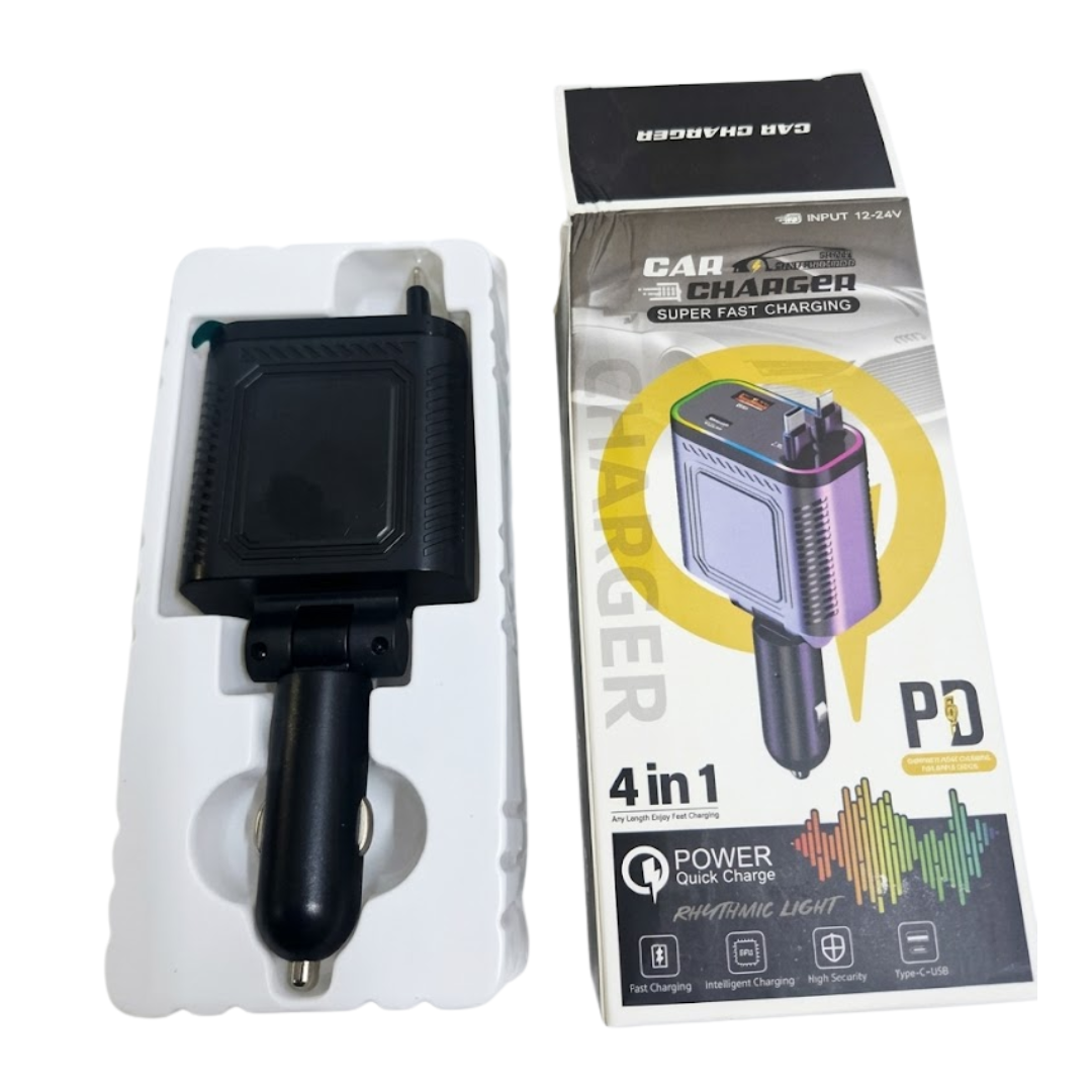CARGADOR PARA CARROS AUTOMOVIL 4 EN 1 CABLE RETRÁCTIL SÚPER RÁPIDO USB C PROYECTA LUZ STARRY SKY  AL CARGAR - 7