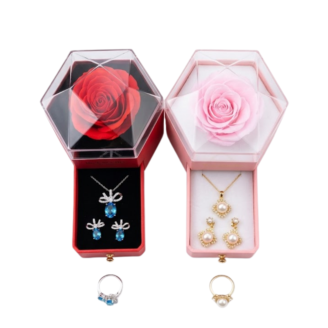 COFRE DE ROSA ETERNA CON JOYERÍA COFRE JOYERO / REGALO COLLAR ARETES Y ANILLO - 3