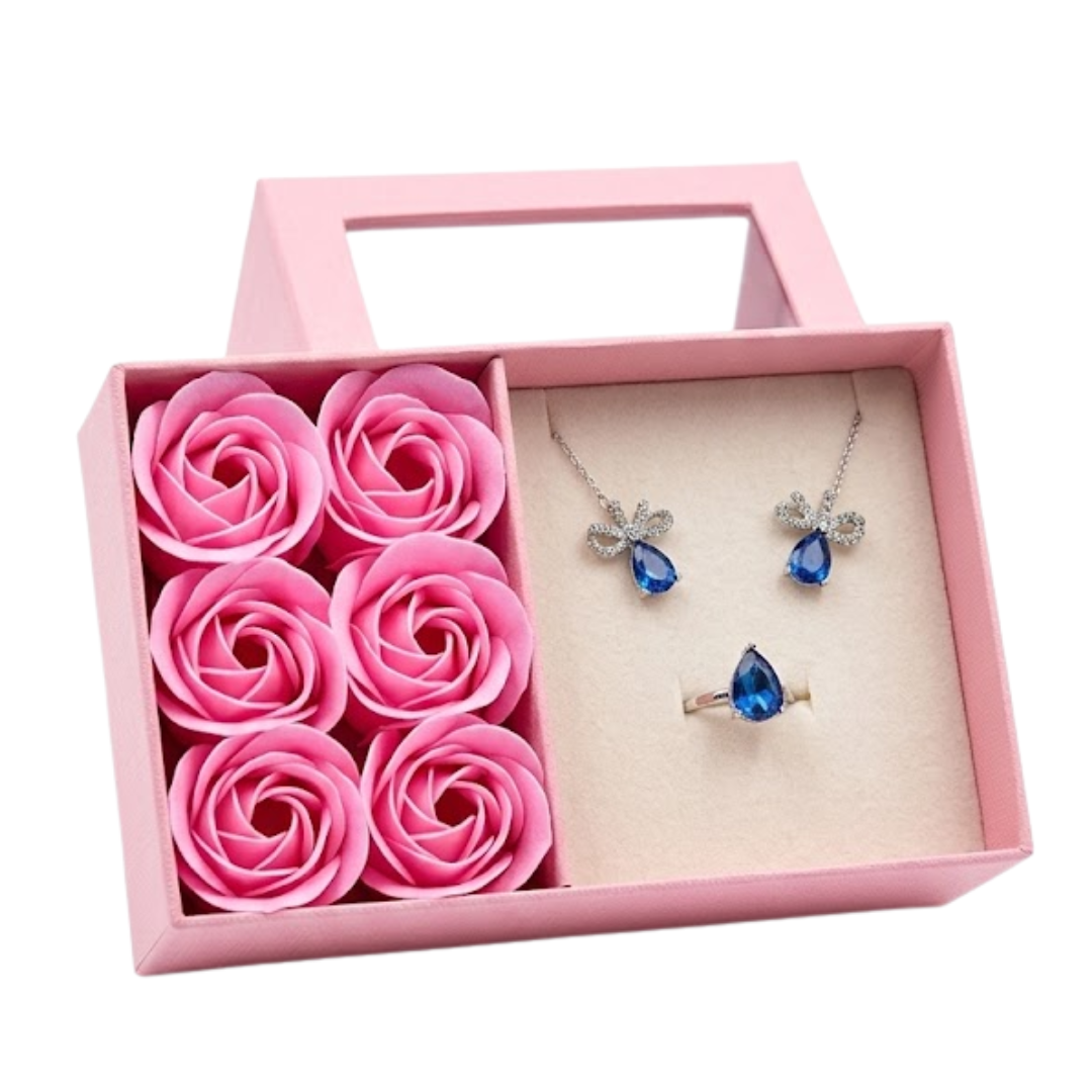 COFRE DE ROSA ETERNA CON JOYERÍA COFRE JOYERO / REGALO COLLAR ARETES Y ANILLO - 1