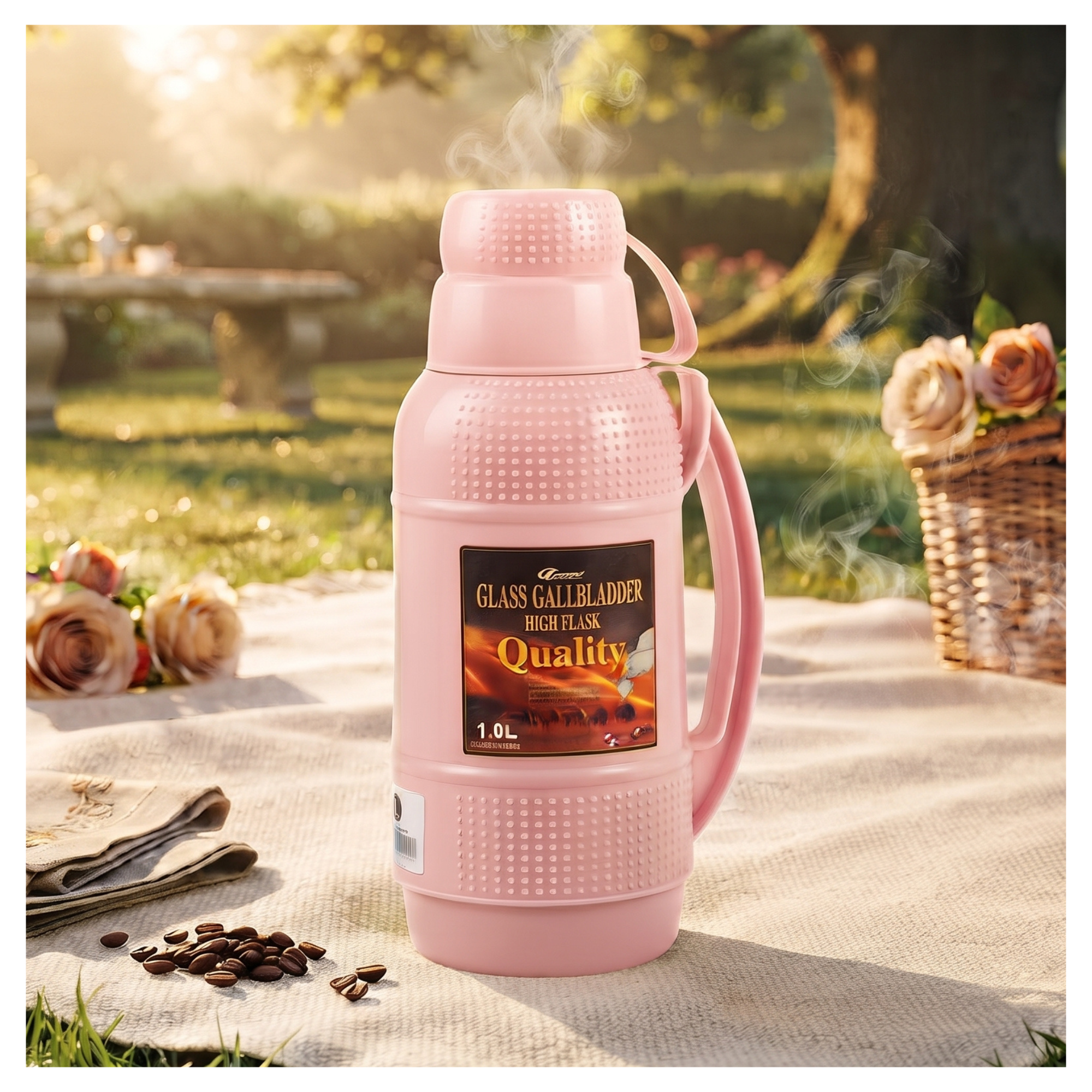 TERMO TOMATODO TÉRMICO 1 LITRO DE ACERO INOXIDABLE ROSADO CON TAZA - 1