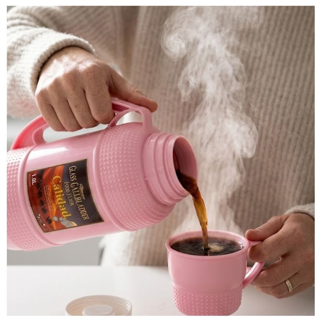 TERMO TOMATODO TÉRMICO 1 LITRO DE ACERO INOXIDABLE ROSADO CON TAZA - 2