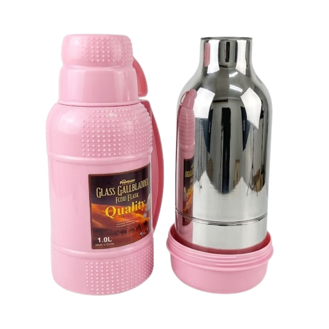 TERMO TOMATODO TÉRMICO 1 LITRO DE ACERO INOXIDABLE ROSADO CON TAZA - 4
