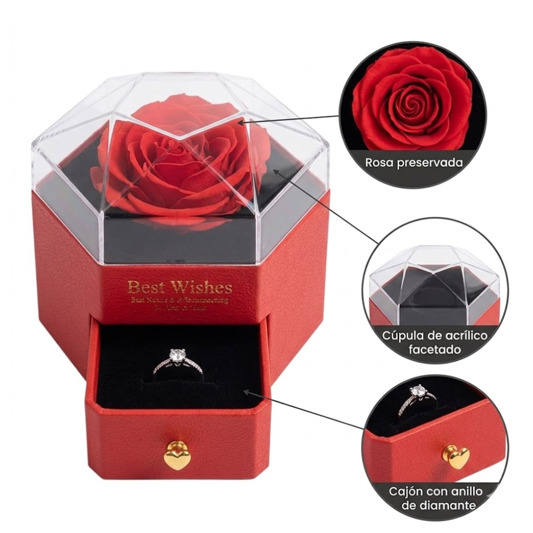 COFRE DE ROSA ETERNA JOYERÍA SORPRESA ARETE COLLAR Y ANILLO + RAMO DE ROSAS - 3
