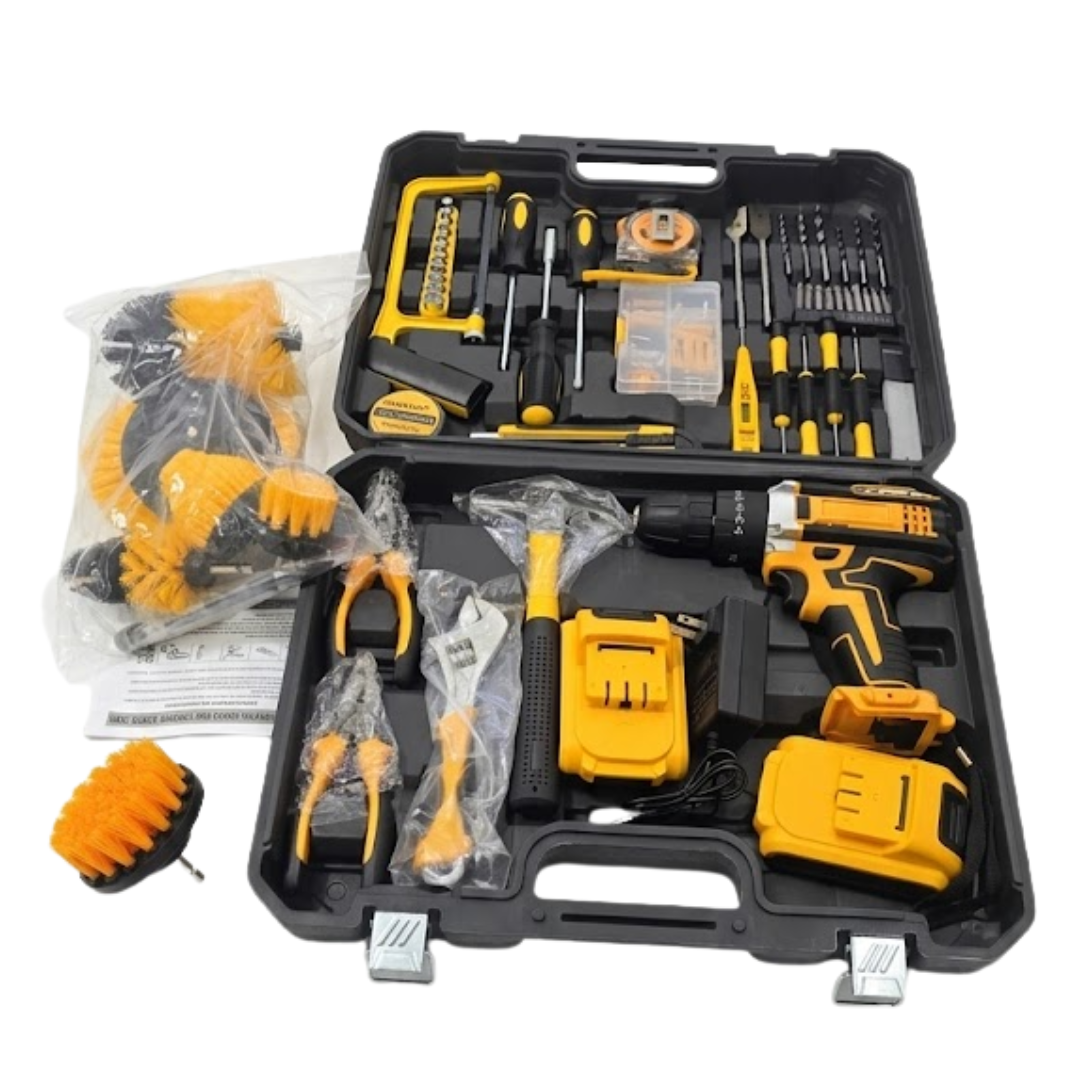 CAJA SET DE HERRAMIENTAS TALADRO ATORNILLADOR INALÁMBRICO + CEPILLOS DE LIMPIEZA - 1