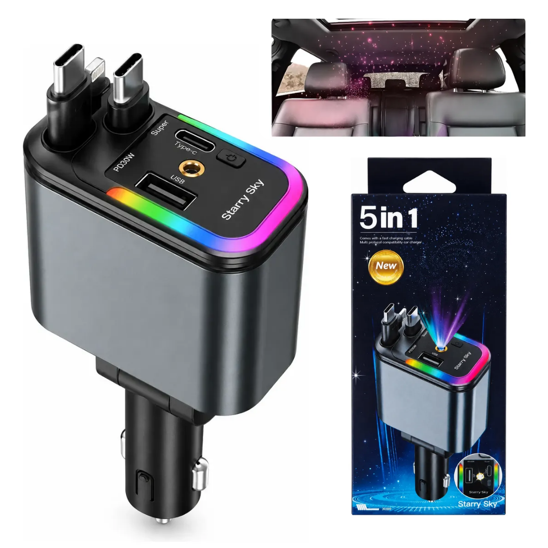 CARGADOR PARA CARROS AUTOMÓVILES 4 EN 1 CABLE RETRÁCTIL LUZ PROYECTOR - 1