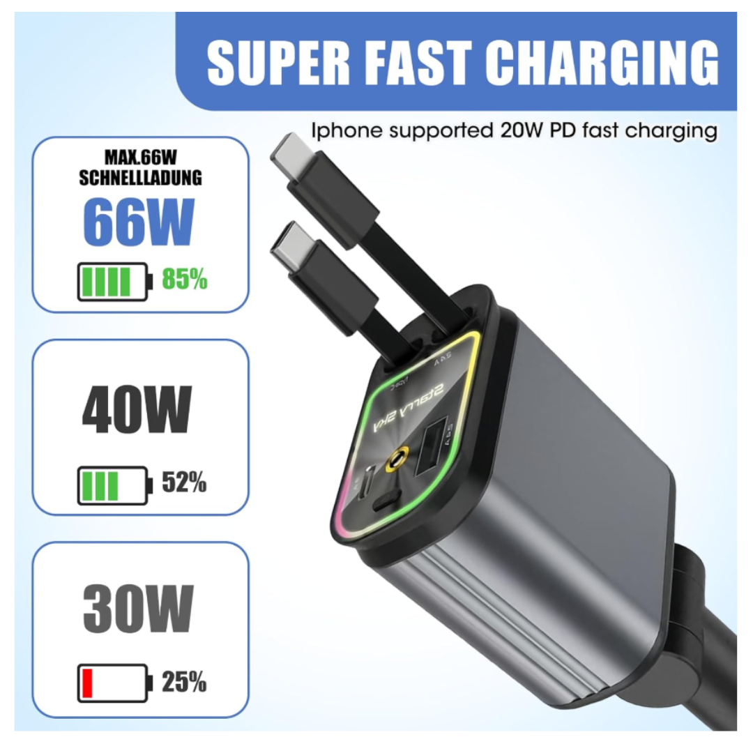 CARGADOR PARA CARROS AUTOMÓVILES 4 EN 1 CABLE RETRÁCTIL LUZ PROYECTOR - 2