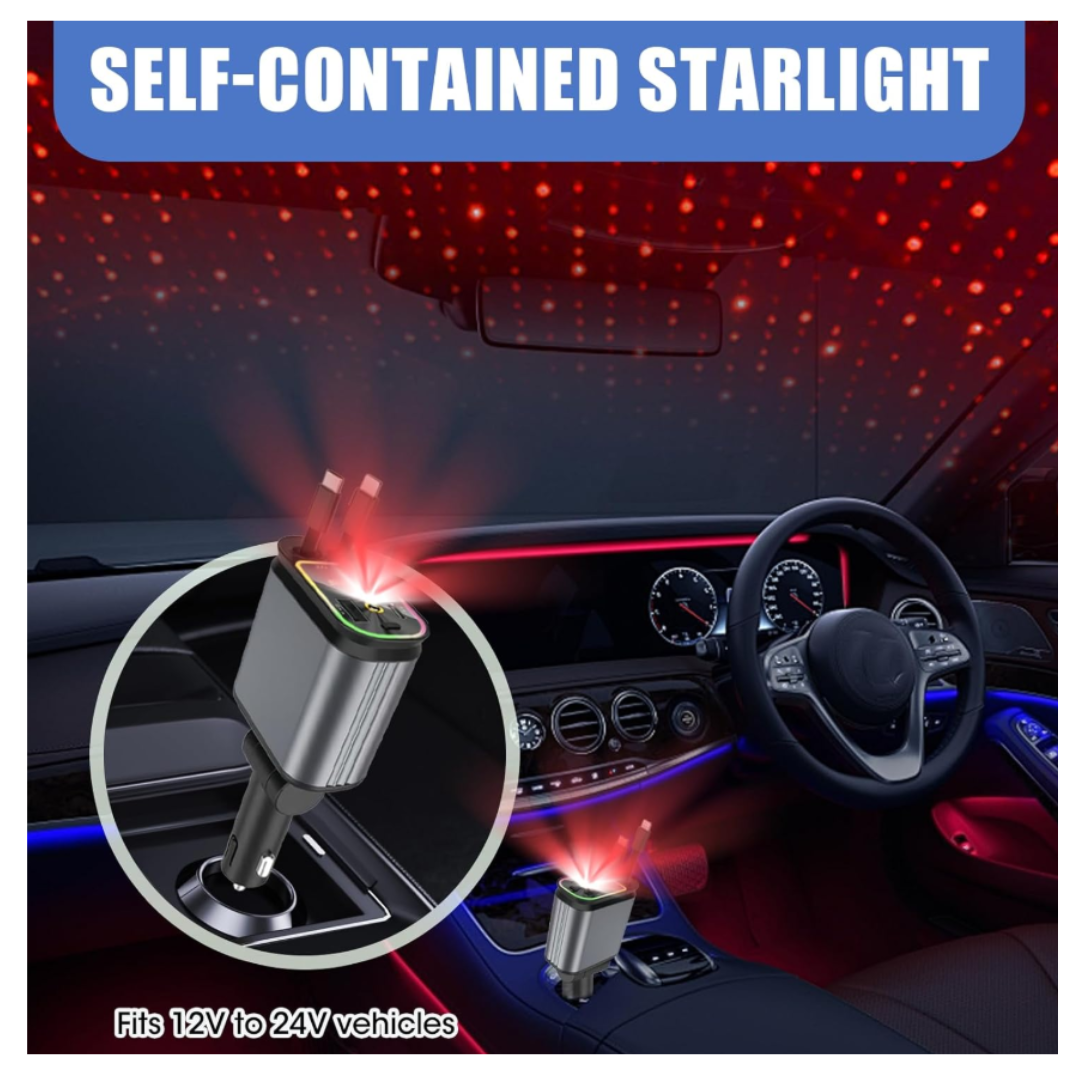 CARGADOR PARA CARROS AUTOMÓVILES 4 EN 1 CABLE RETRÁCTIL LUZ PROYECTOR - 3