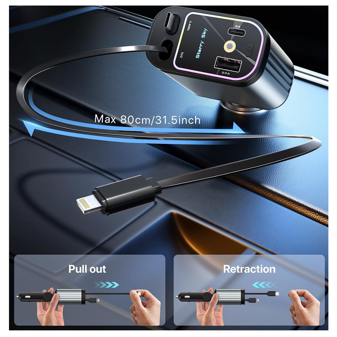 CARGADOR PARA CARROS AUTOMÓVILES 4 EN 1 CABLE RETRÁCTIL LUZ PROYECTOR - 6
