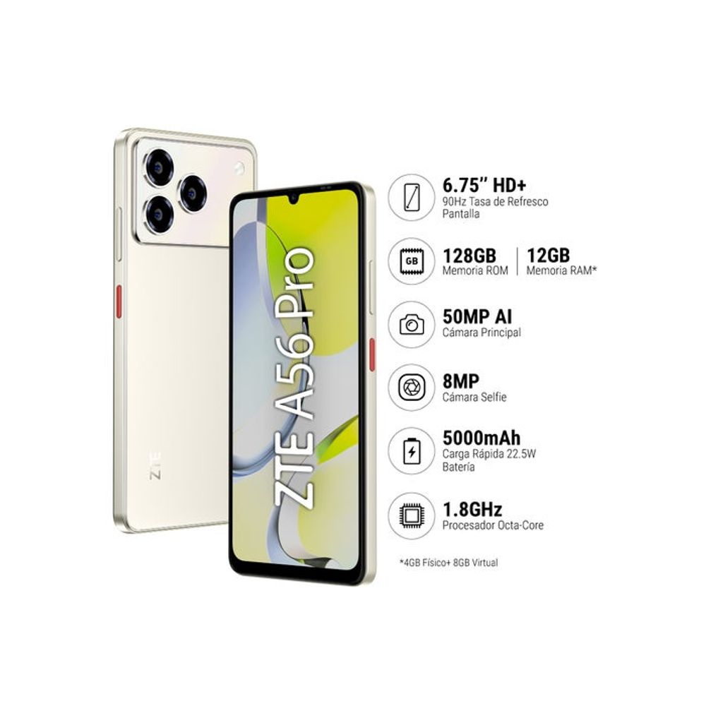 CELULAR 4G ZTE A56 PRO 128GB 4GB RAM + 4GB VIRTUAL 50MP DORADO - 2