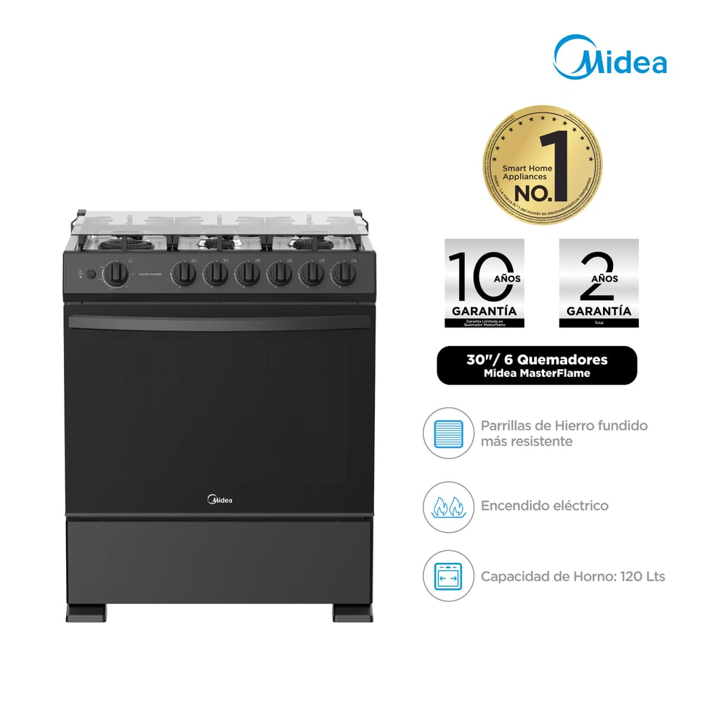 COCINA A GAS MIDEA MGS30TL6B-PE 30 PULGADAS 6 HORNILLAS NEGRO - 1