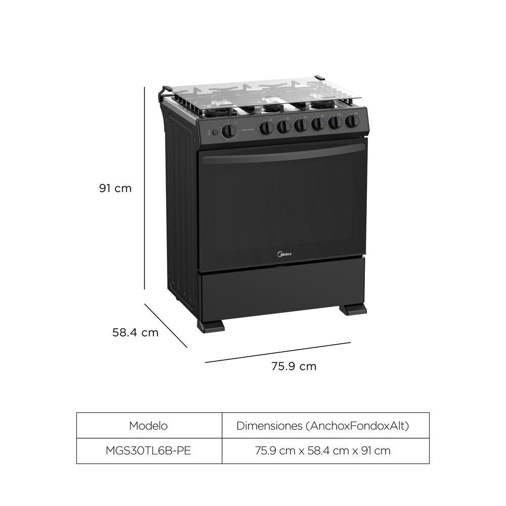 COCINA A GAS MIDEA MGS30TL6B-PE 30 PULGADAS 6 HORNILLAS NEGRO - 2