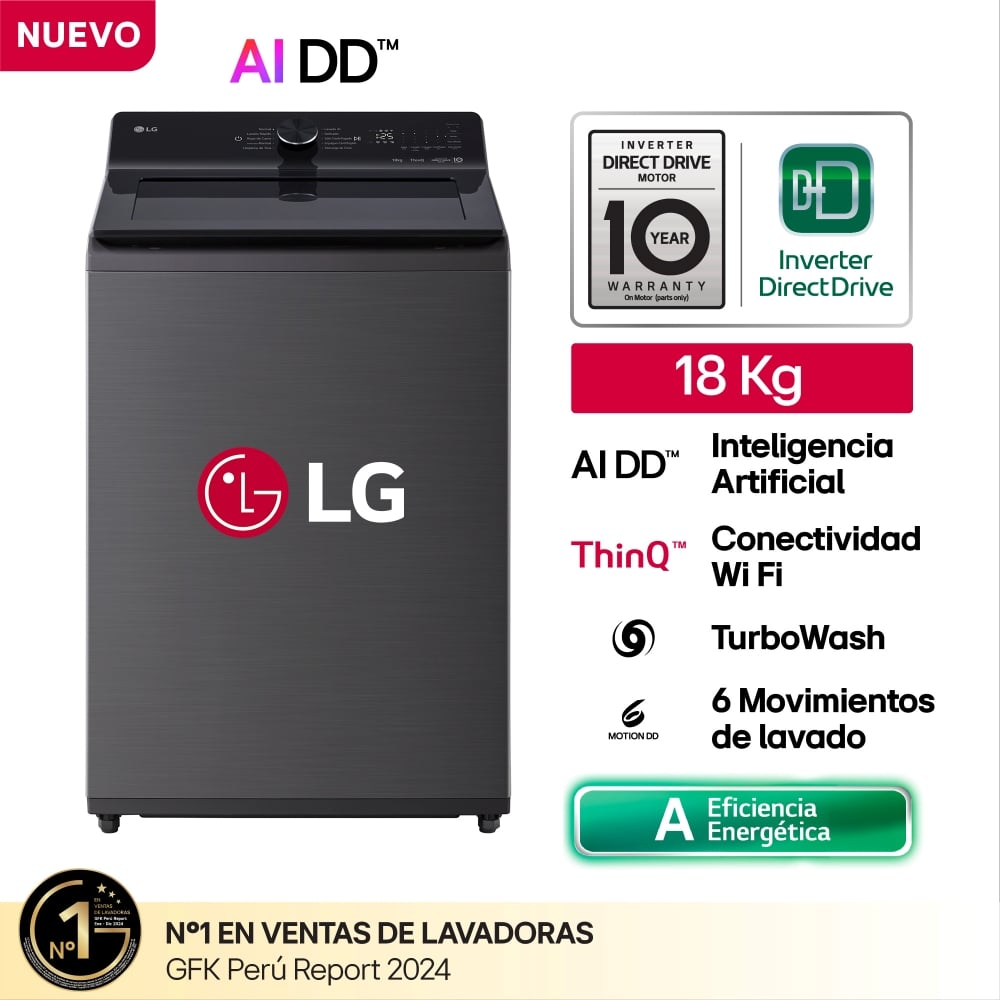 LAVADORA AUTOMÁTICA LG WT18PBTX 18KG CARGA SUPERIOR NEGRO - 1