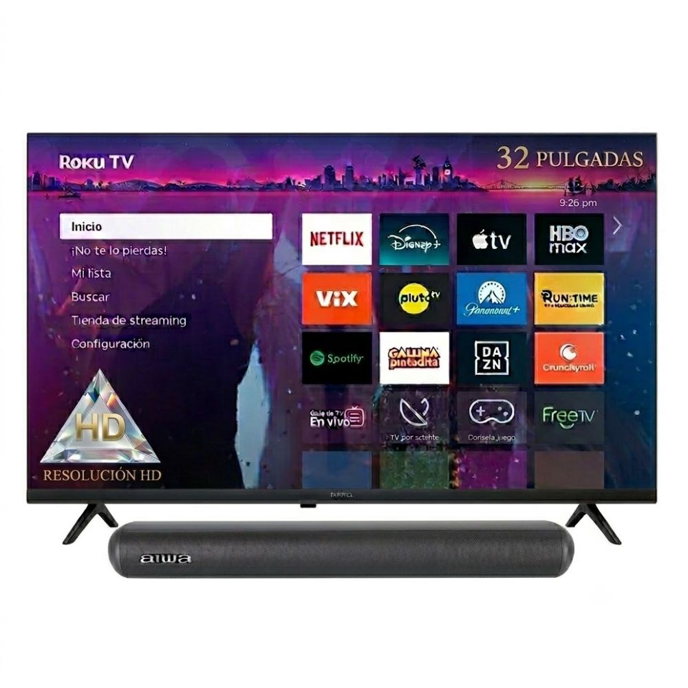 COMBO TELEVISOR SMART HD 32' AIWA ROKU TV AW32B2RK 2025 + BARRA DE SONIDO AIWA AWSBH20 40W BLUETOOTH - 1