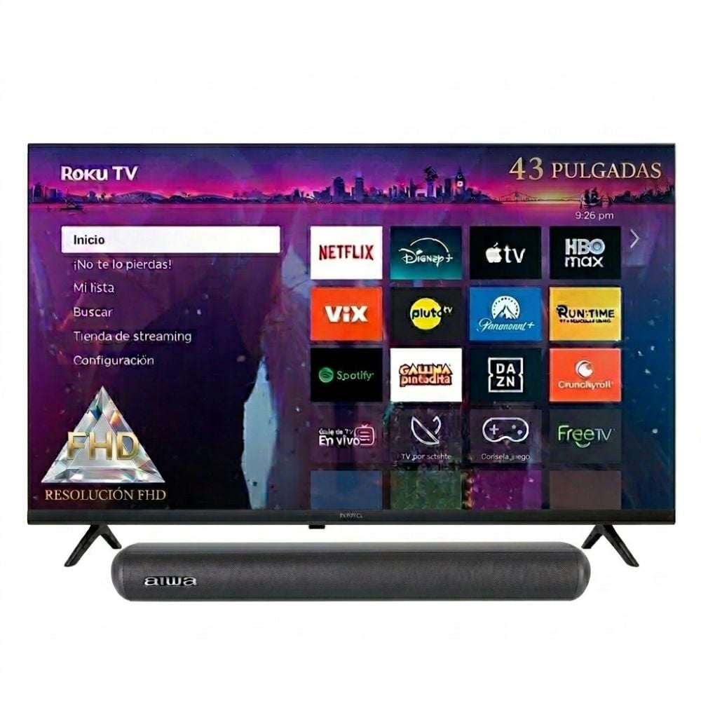 COMBO TELEVISOR SMART FULL HD 43' AIWA ROKU TV AW43B2RK 2025 + BARRA DE SONIDO AIWA AWSBH20 40W BLUETOOTH - 1