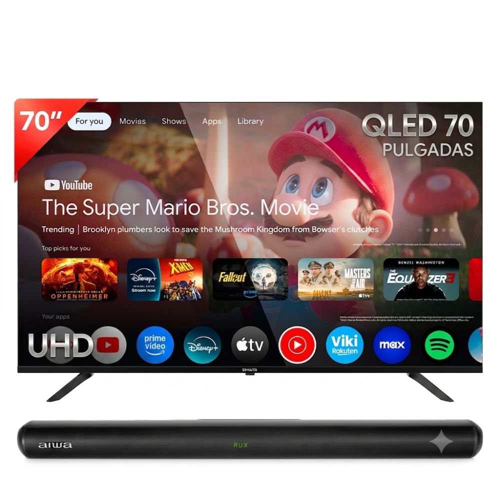 COMBO TELEVISOR SMART AIWA 70' 4K UHD QLED GOOGLE TV AW-70B4QFG + BARRA DE SONIDO AIWA AWSBH20 40W - 1