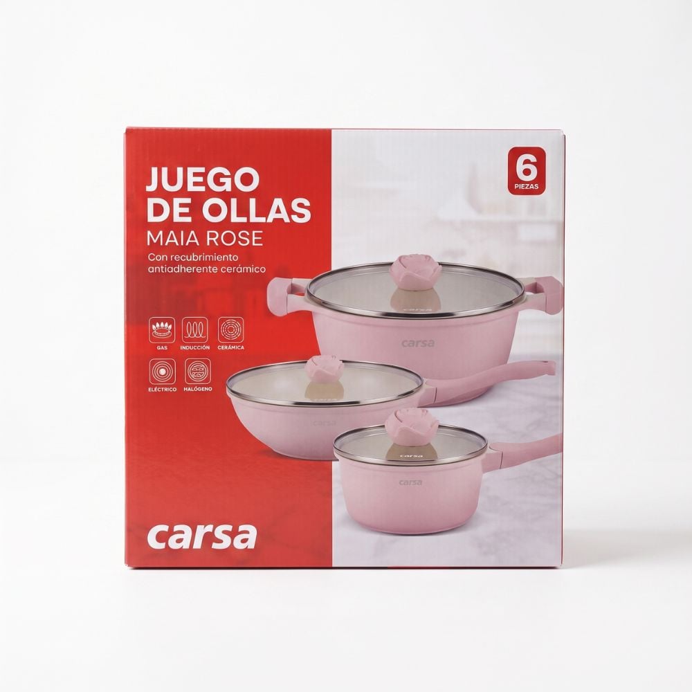 JUEGO DE OLLAS CARSA MAIA ROSE 6 PZS ROSADO - 5