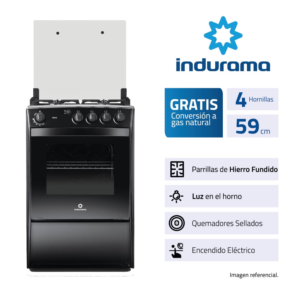 COCINA A GAS INDURAMA SORIA 60 CM 4 HORNILLAS NEGRO - 2