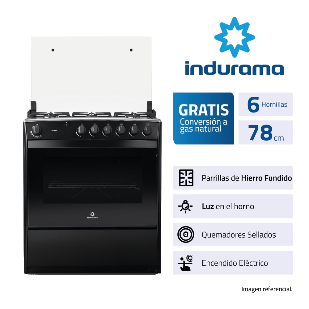 COCINA A GAS INDURAMA OVIEDO 80 CM 6 HORNILLAS NEGRO - 2