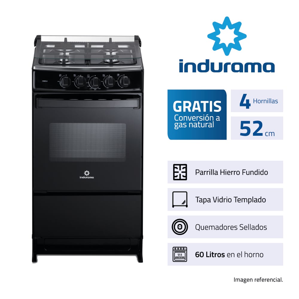 COCINA A GAS INDURAMA CANELA 50 CM 4 HORNILLAS NEGRO - 2