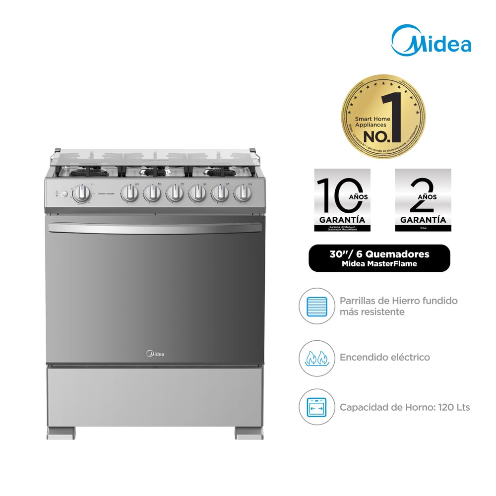 COCINA A GAS MIDEA MGS30TL6G-PE 30' 6 HORNILLAS SILVER - 2
