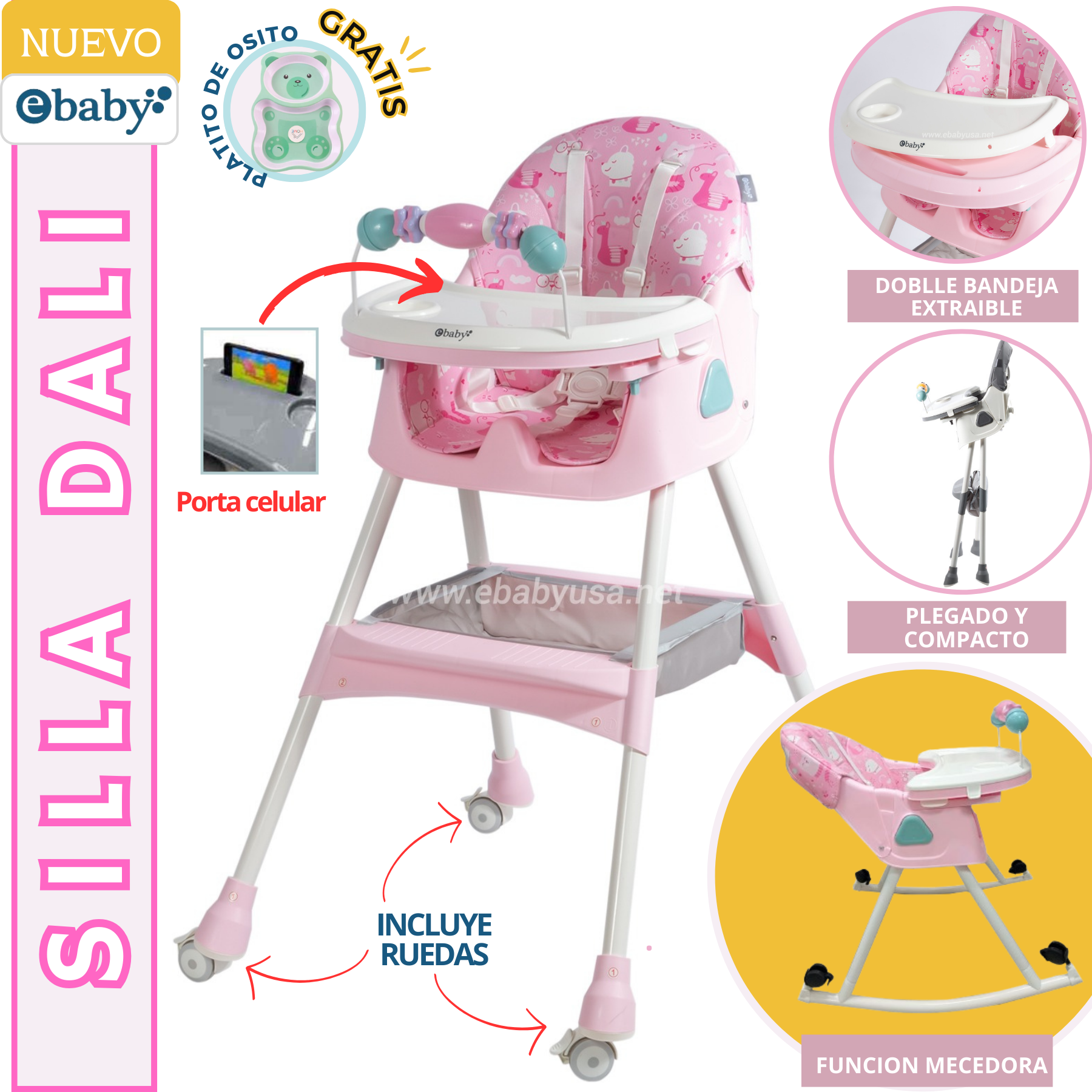 SILLA COMER EBABY DALI ROSADO PARA BEBÉ MAS GRATIS PLATITO - 1
