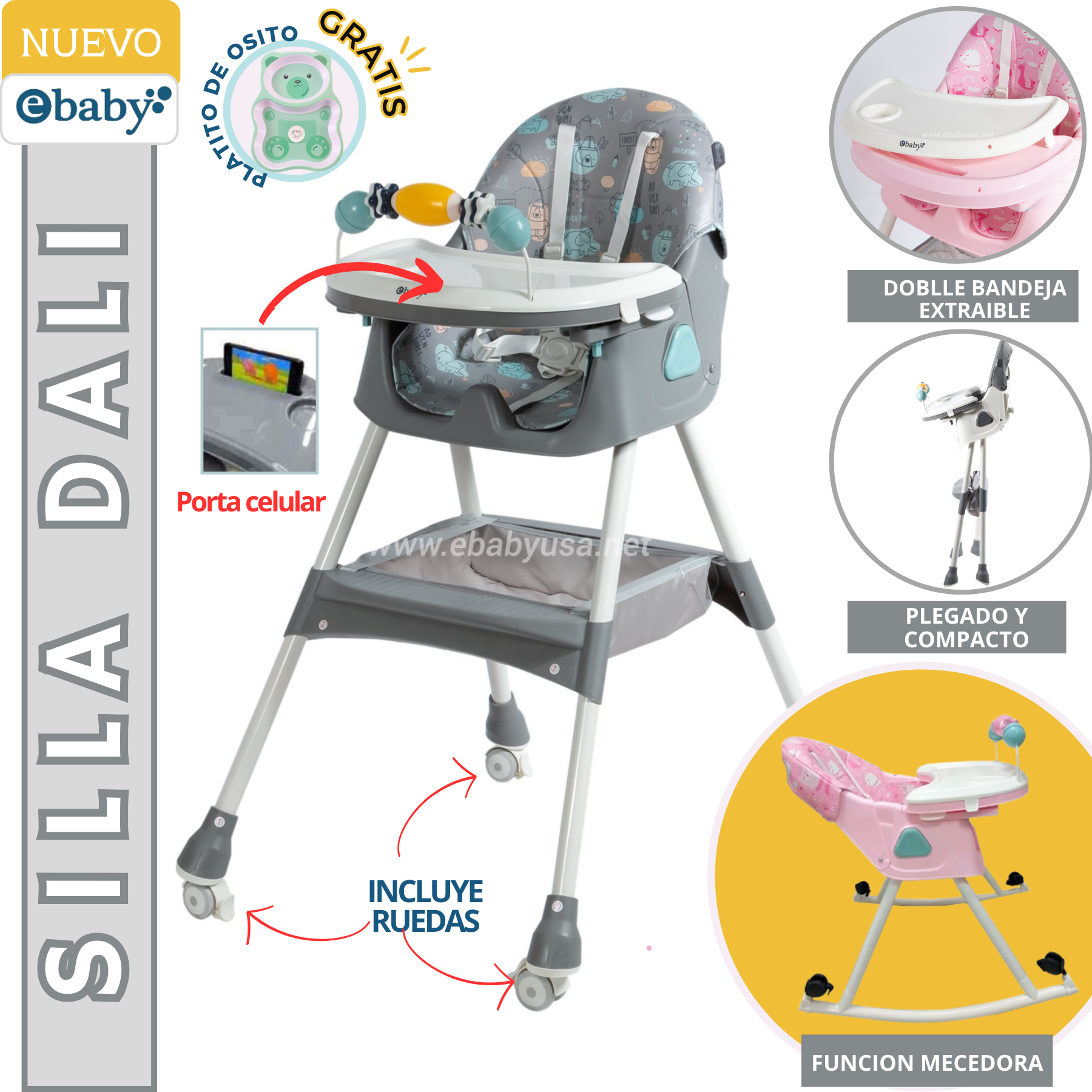 SILLA DE COMER RECLINABLE DALI GRIS + PLATITO GRATIS EBABY - 1