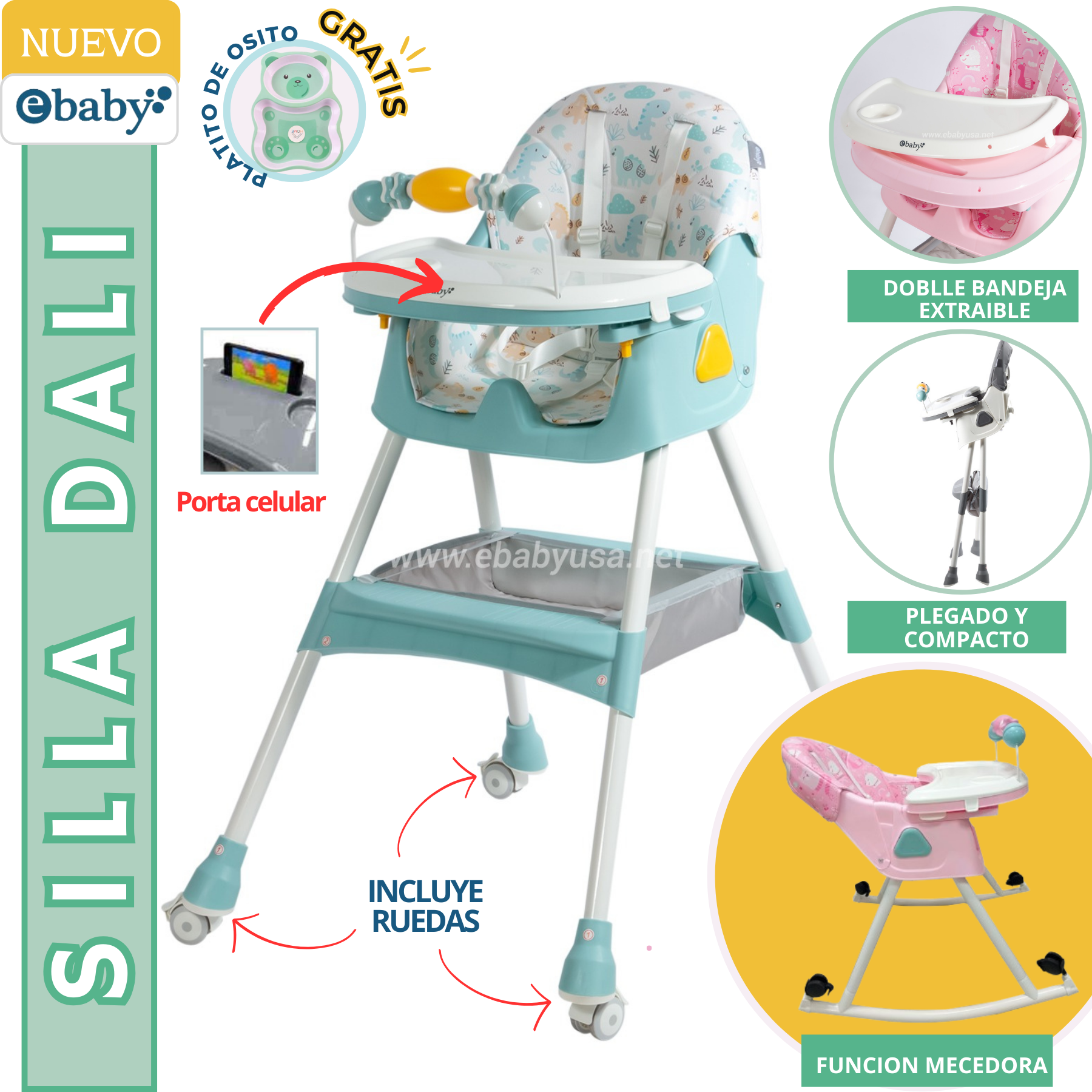 SILLA COMER EBABY DALI VERDE RECLINABLE + PLATITO GRATIS - 1