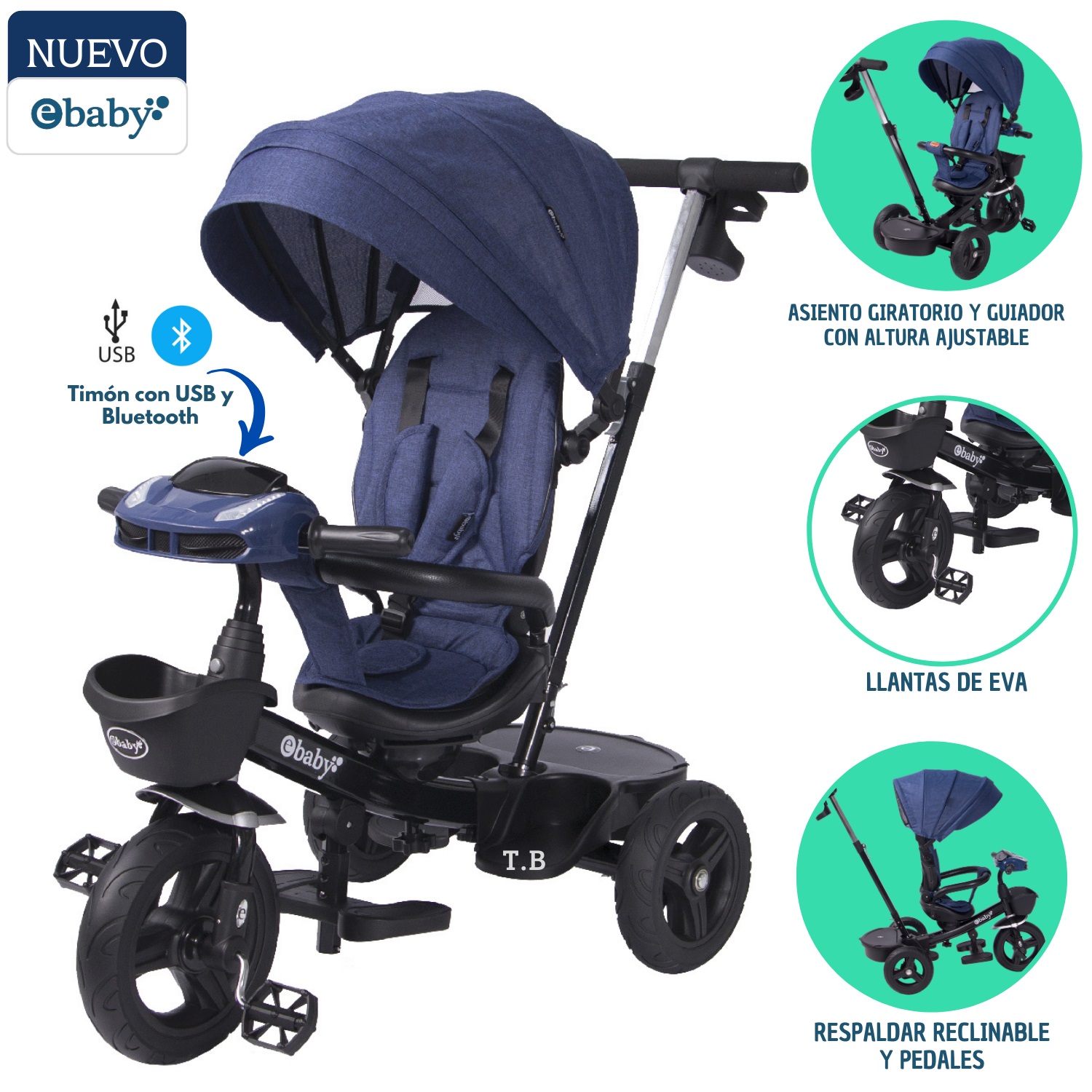 TRICICLO ARIA RECLINABLE CON ASIENTO GIRATORIO AZUL - EBABY - 1