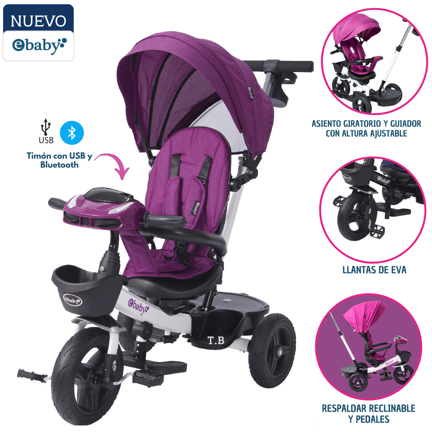 TRICICLO 'ARIA' RECLINABLE CON ASIENTO GIRATORIO MORADO - EBABY - 1