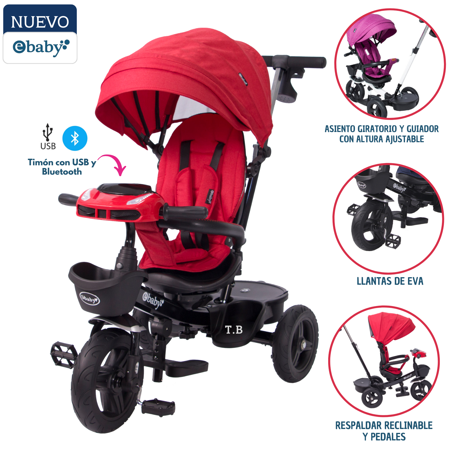 TRICICLO 'ARIA' RECLINABLE CON ASIENTO GIRATORIO ROJO - EBABY - 1