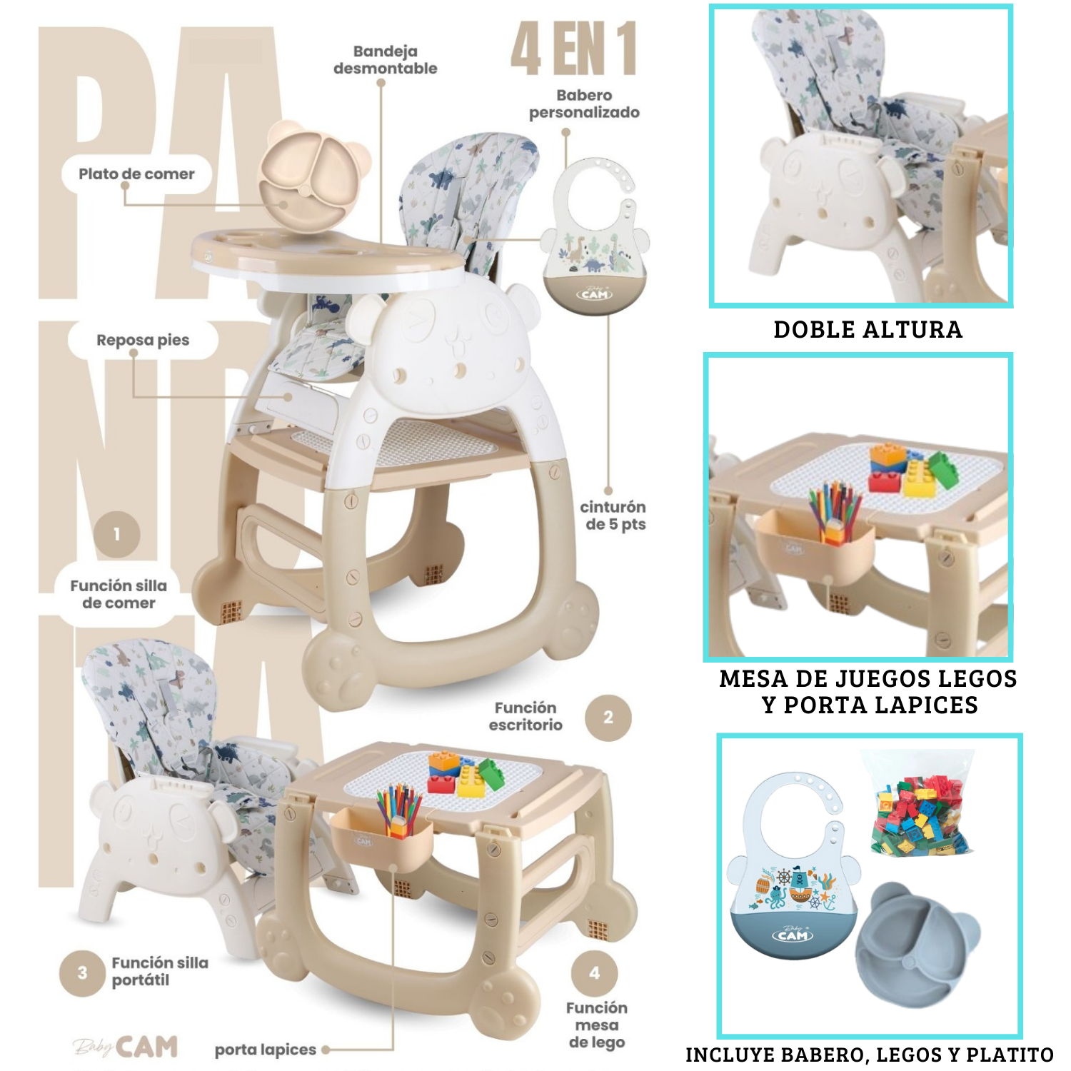 SILLA PARA COMER PARA BEBE CARPETA PANDA BEIGE 4 EN 1 - 1