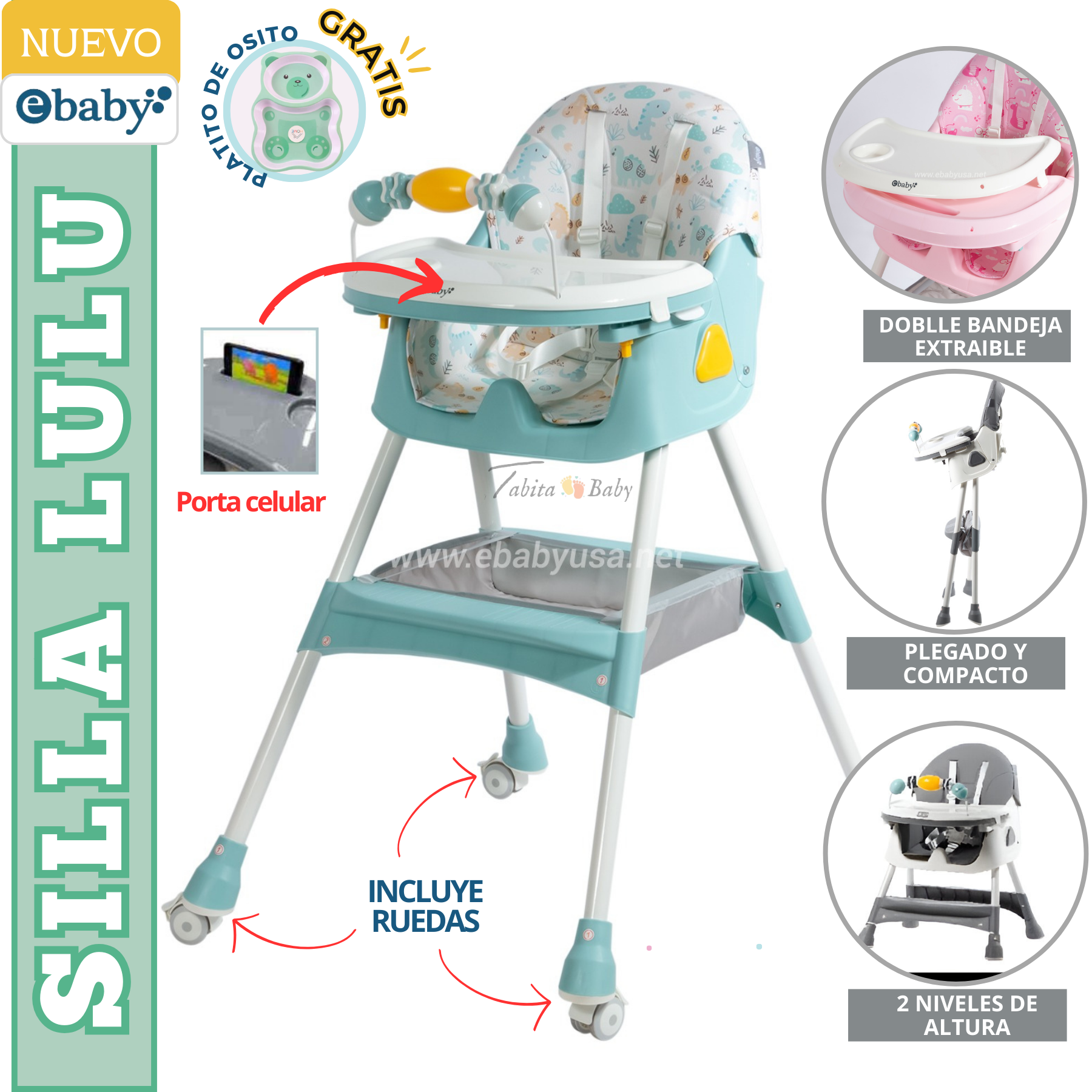 SILLA DE COMER PAPA BEBE LULU PLEGABLE VERDE EBABY CON PLATITO GRATIS - 1