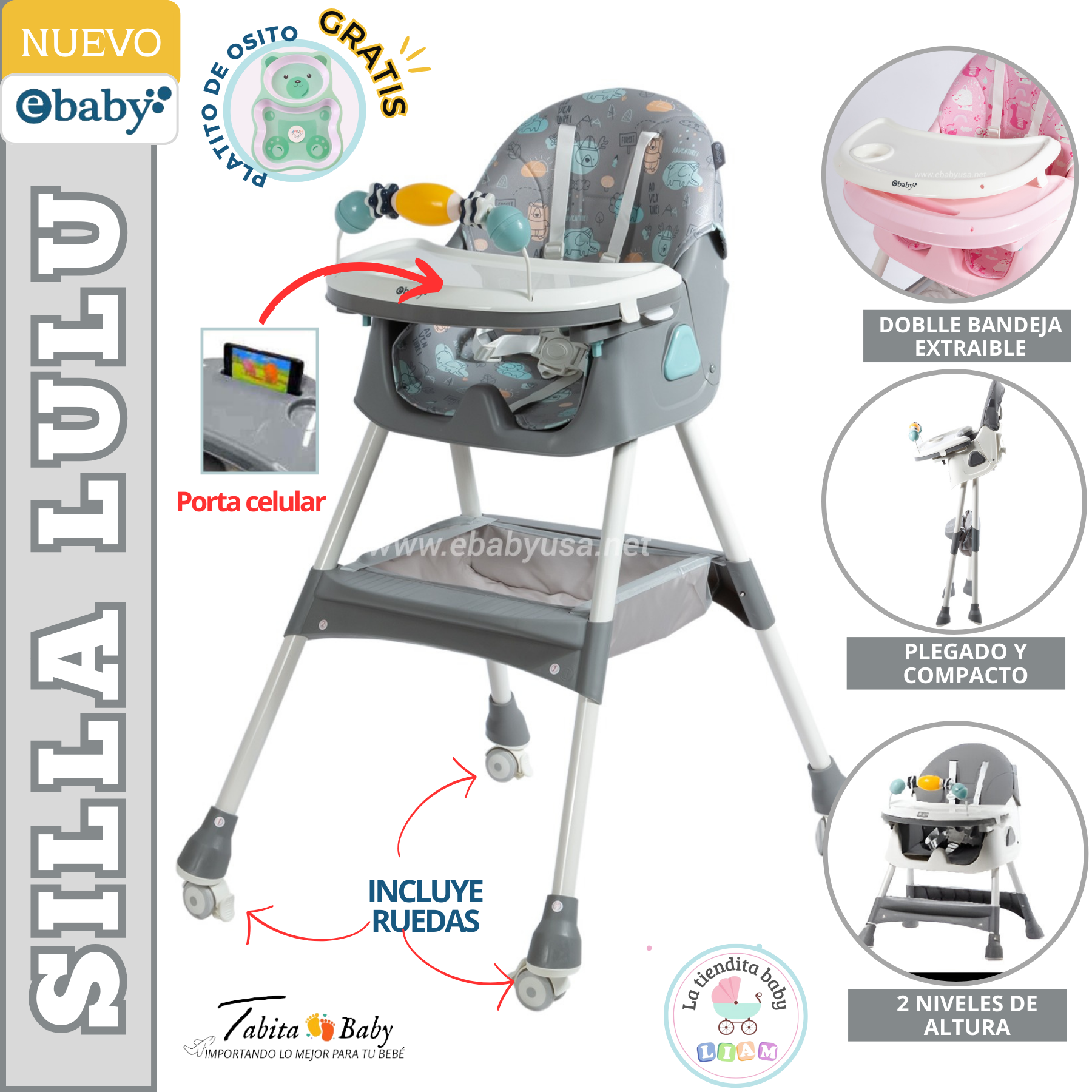 SILLA DE COMER PARA BEBE 'LULU' PLEGABLE GRIS EBABY CON PLATIO GRATIS - 1