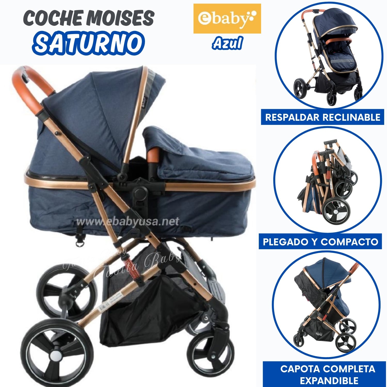 COCHE CUNA MOISÉS SATURNO AZUL - EBABY - 1