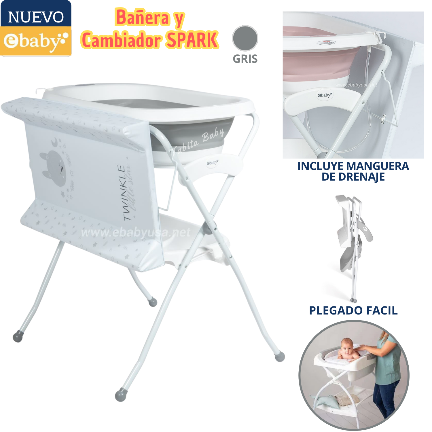 BAÑERA Y CAMBIADOR PARA BEBE PLEGABLE SPARK GRIS - 1