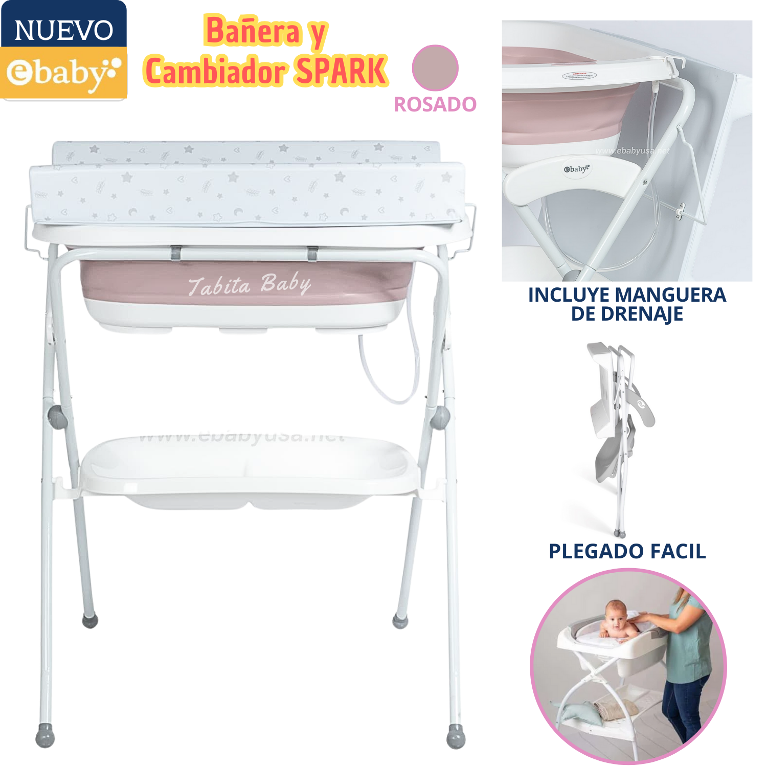 BAÑERA Y CAMBIADOR PARA BEBE PLEGABLE SPARK ROSADO - 1