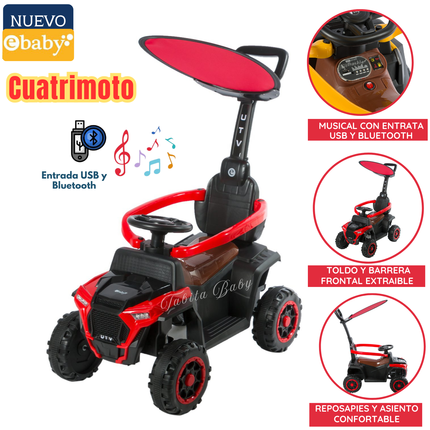 CUATRIMOTO MUSICAL Y CON LUCES ROJO EBABY - 1