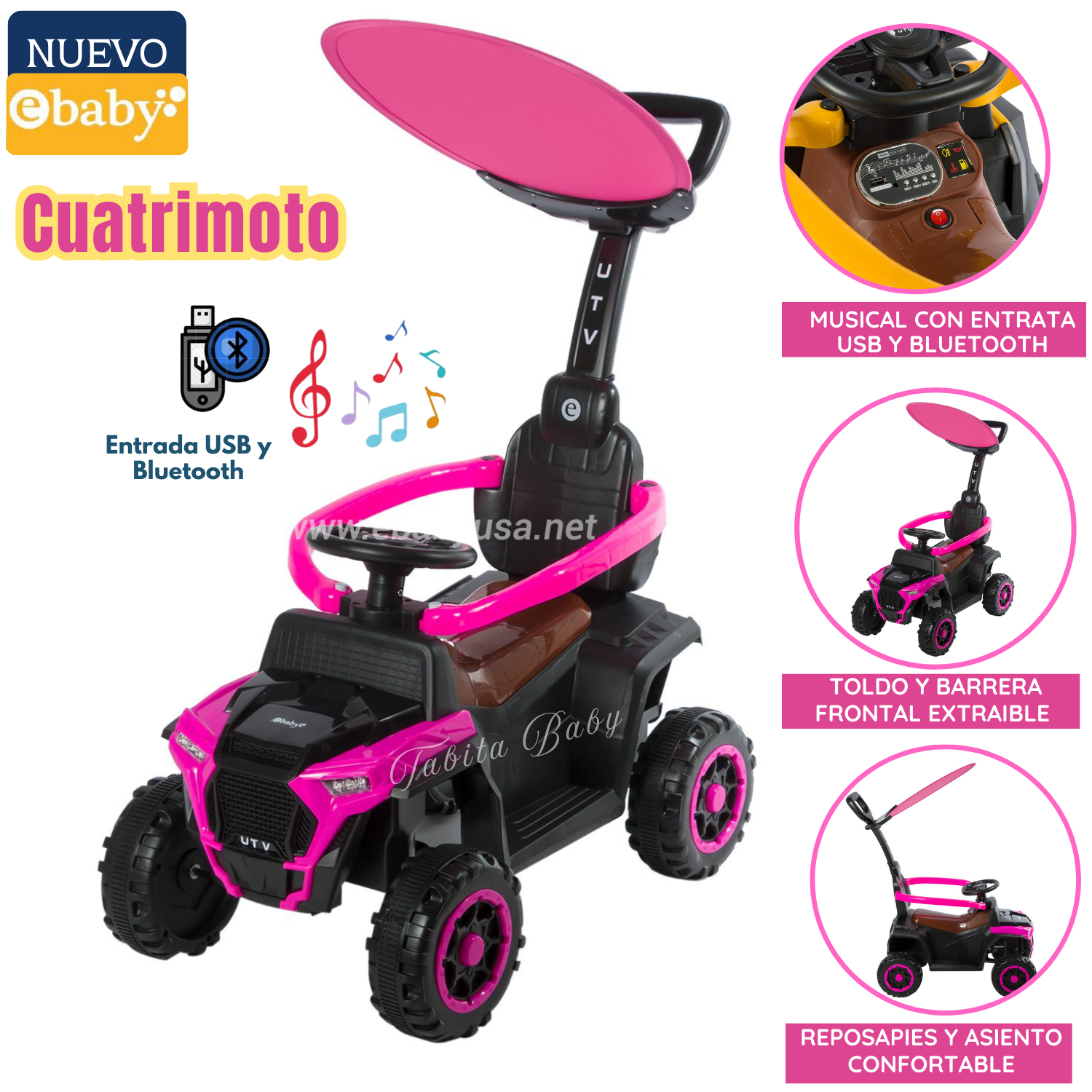 CUATRIMOTO MUSICAL Y CON LUCES ROSADO EBABY - 1