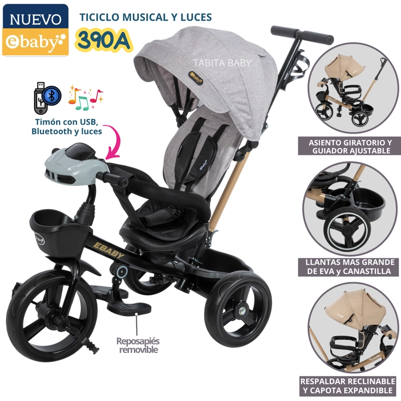 TRICICLO PARA NIÑO MUSICAL Y LUCES 390A GRIS EBABY - 1