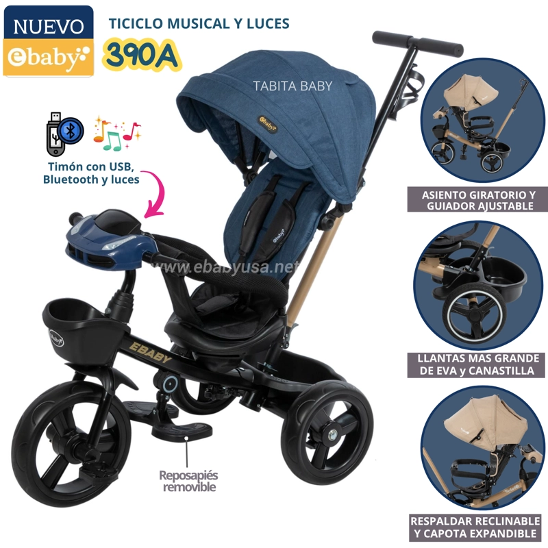 TRICICLO PARA NIÑOS MUSICAL Y LUCES 390A AZUL EBABY - 1