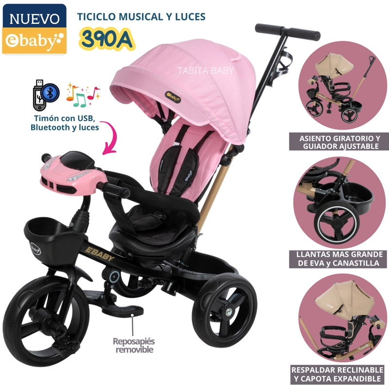 TRICICLO PARA NIÑOS MUSICAL Y LUCES 390A ROSADO EBABY - 1