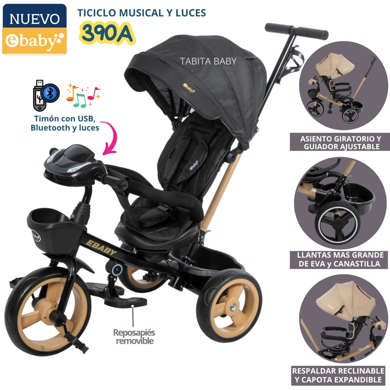 TRICICLO PARA NIÑOS MUSICAL Y LUCES 390A NEGRO EBABY - 1