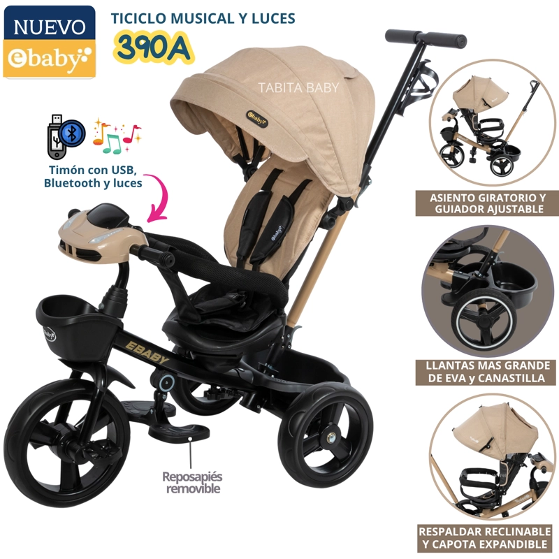 TRICICLO PARA NIÑOS MUSICAL Y LUCES 390A BEIGE EBABY - 1