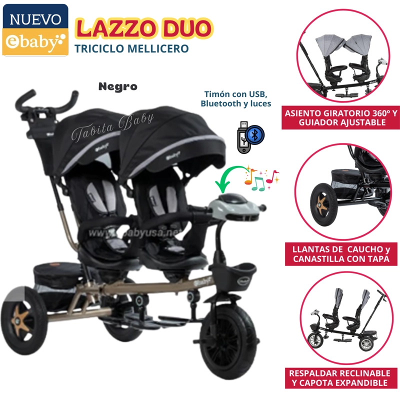 TRICICLO GUIADOR GEMELAR LAZZO NEGRO - 1